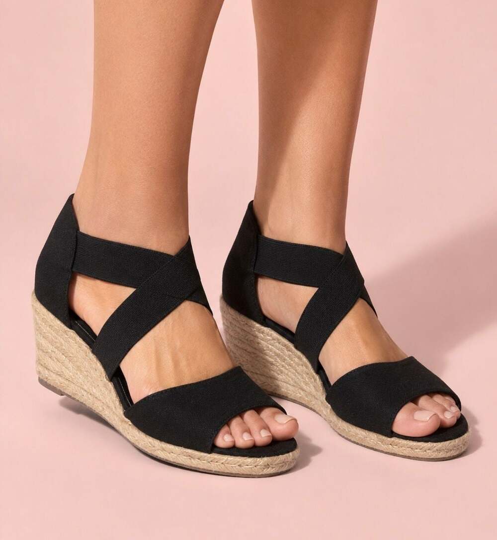 White Mountain Black Canvas Espadrille Wedge Sandals, Sz 8M